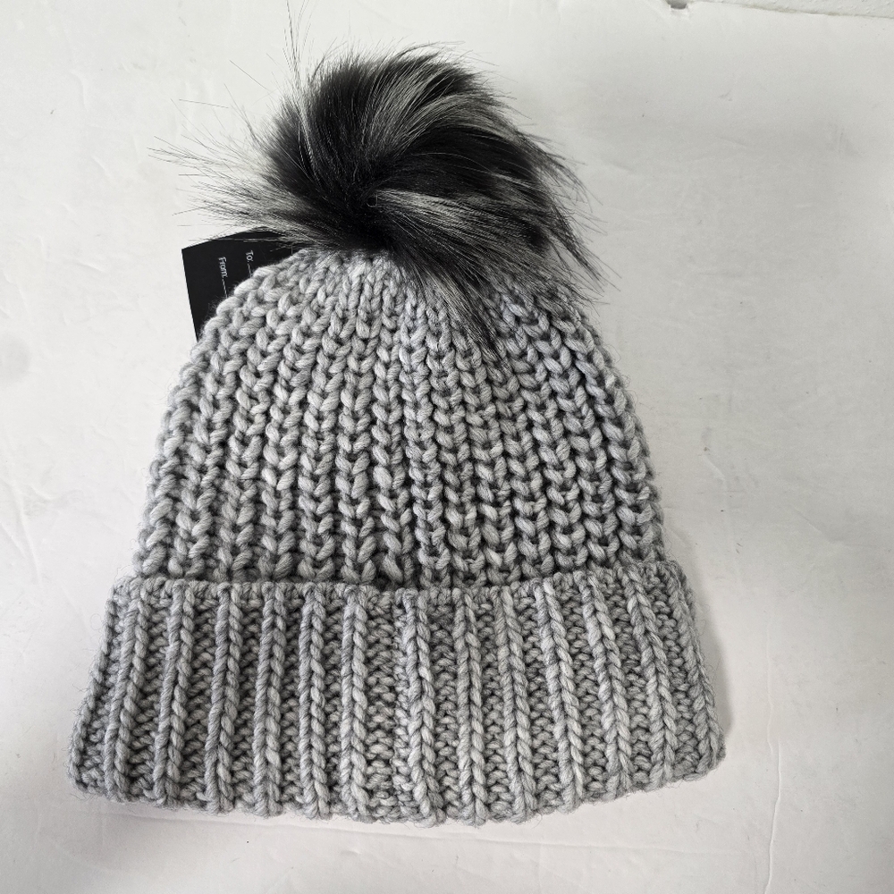 Babo Italy Gray Knit Beanie Hat with Faux Fur Pom Pom for Woman One size